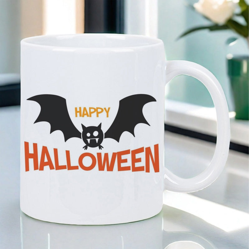 Tailorly White Ceramic 11 oz Mug - Happy Halloween Stylized Black Bat With Spooky Wings And Small White Fangs Bat