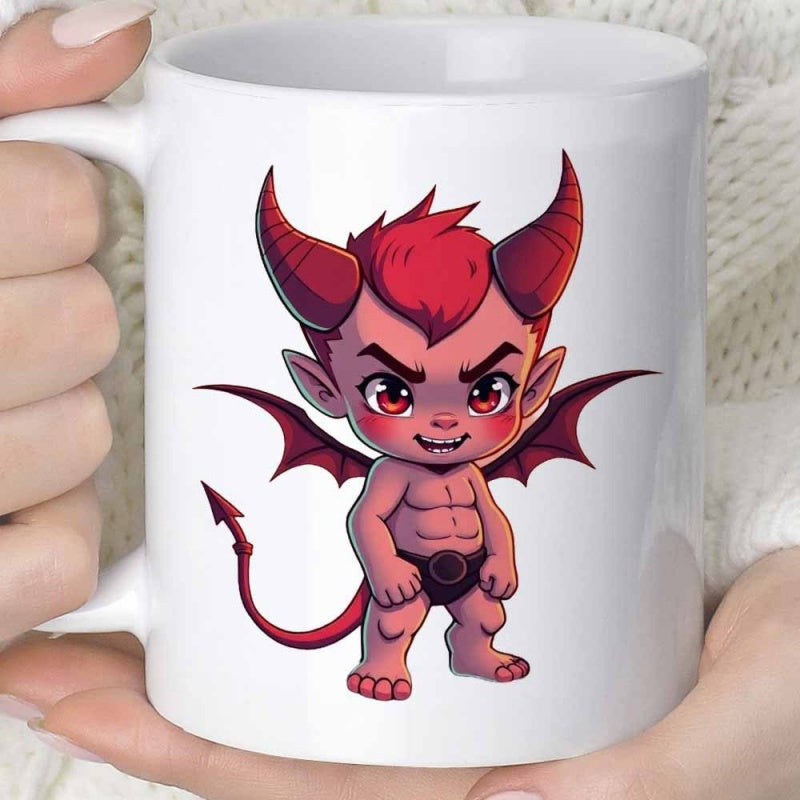Tailorly White Ceramic 11 oz Mug - Little Red Cartoon Character With Tiny Wings And Sharp Horns Devil