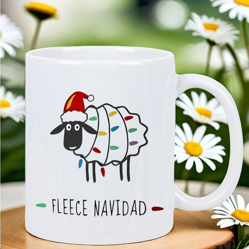 Tailorly White Ceramic 11 oz Mug - Fleece Navidad Cartoon Sheep Wearing Santa Hat Wrapped In Colorful Festive Christmas Lights Sheep