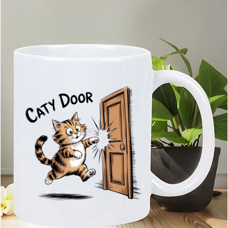 Tailorly White Ceramic 11 oz Mug - Caty Door Playful Striped Brown Tabby Jumping Through Small Wooden Door Cat