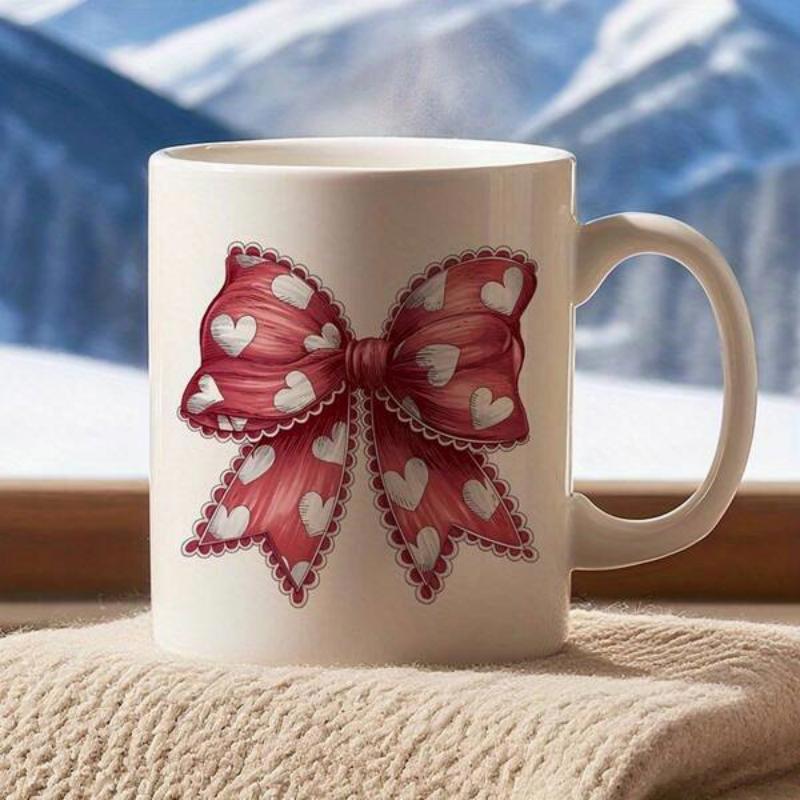 Tailorly White Ceramic 11 oz Mug - Red Patterned Ribbon With Delicate White Hearts And Beaded Edges Bow