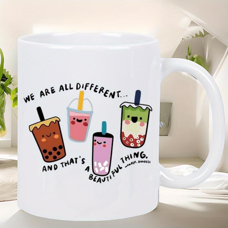 Tailorly White Ceramic 11 oz Mug - We Are All Different And That's A Beautiful Thing Cute Colorful Cartoon Bubble Milk Tea Cups With Smiling Kawaii Faces Boba
