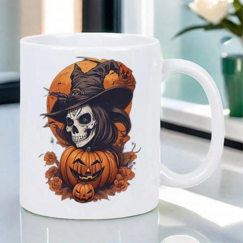 Tailorly White Ceramic 11 oz Mug - Spooky Halloween Skeleton Wearing Witch Hat Above Glowing Carved Jack O Lantern Skull