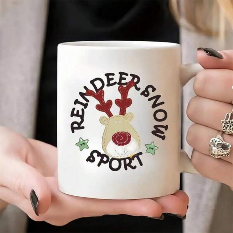 Tailorly White Ceramic 11 oz Mug - Reindeer Snow Sport Festive Cartoon Character Featuring Red Antlers And Green Stars Reindeer