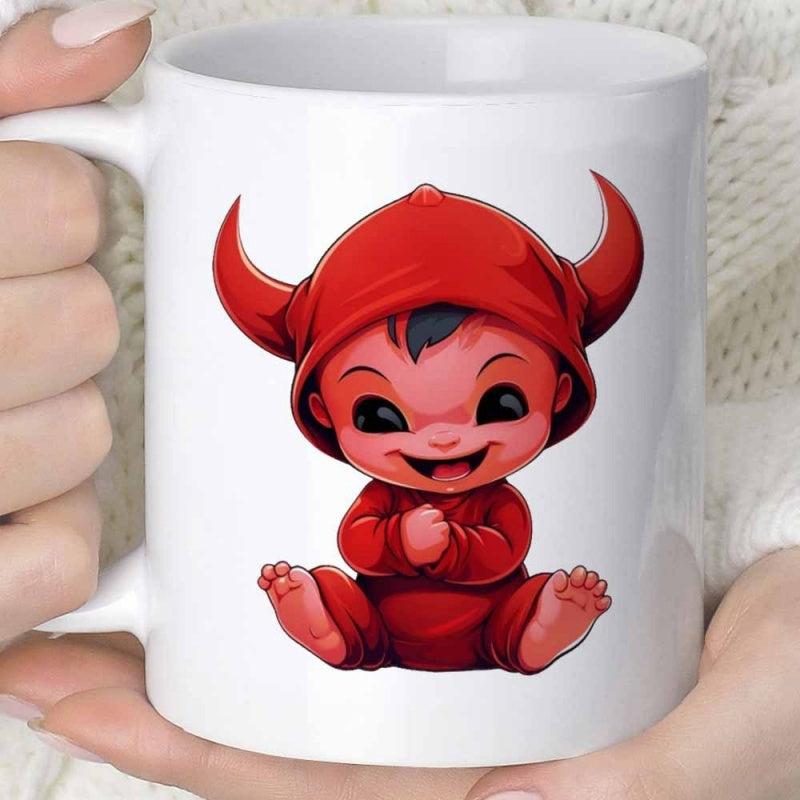 Tailorly White Ceramic 11 oz Mug - Adorable Little Cartoon Character With Horns Wearing A Cozy Scarlet Suit Devil