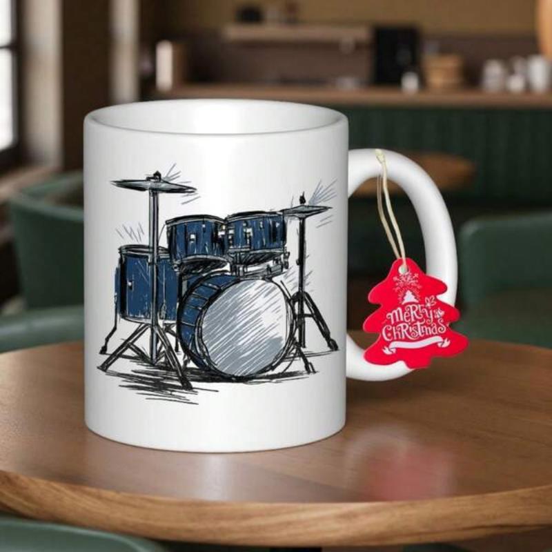 Tailorly White Ceramic 11 oz Mug - A Merry Christmas Detailed Artistic Blue Sketch Of Professional Musical Percussion Instruments Drum Set