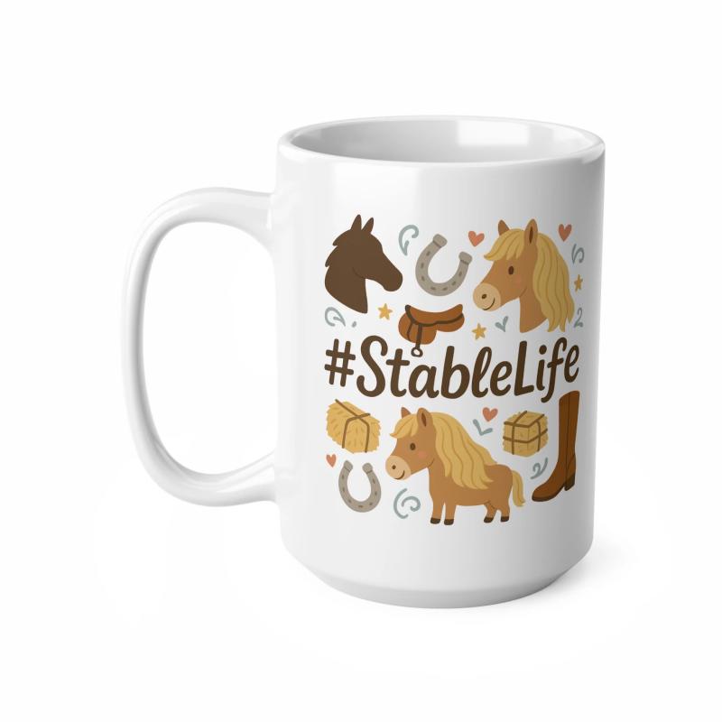 Tailorly White Ceramic 11 oz Mug - StableLife Cute Cartoon Equestrian Elements Surrounded By Horseshoes And Hay Horse