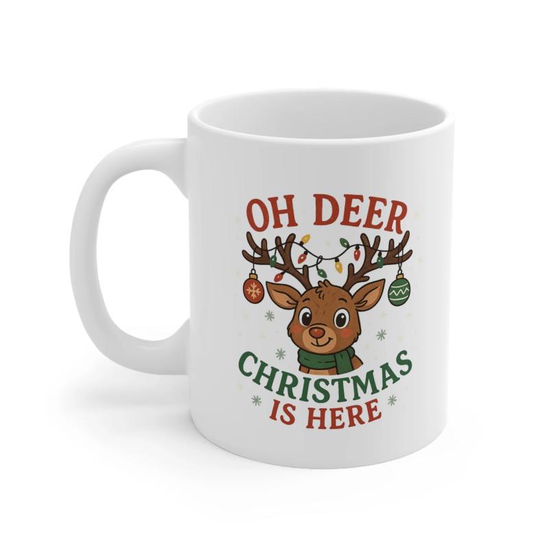 Tailorly White Ceramic 11 oz Mug - Oh Deer Christmas Is Here Cute Festive Cartoon Reindeer Wearing Green Scarf With Colorful Christmas Lights Reindeer
