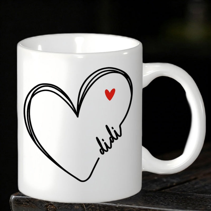 Tailorly White Ceramic 11 oz Mug - Didi Minimalist Black Hand Drawn Line Art Featuring Small Red Heart