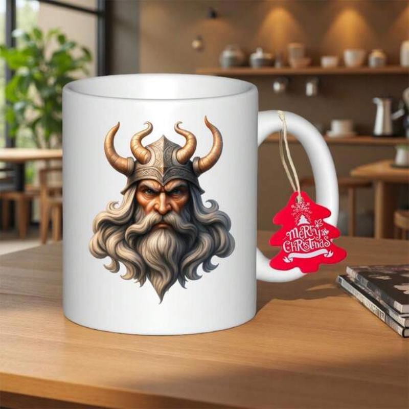 Tailorly White Ceramic 11 oz Mug - Powerful Bearded Warrior Wearing A Rugged Steel Helmet With Horns Viking