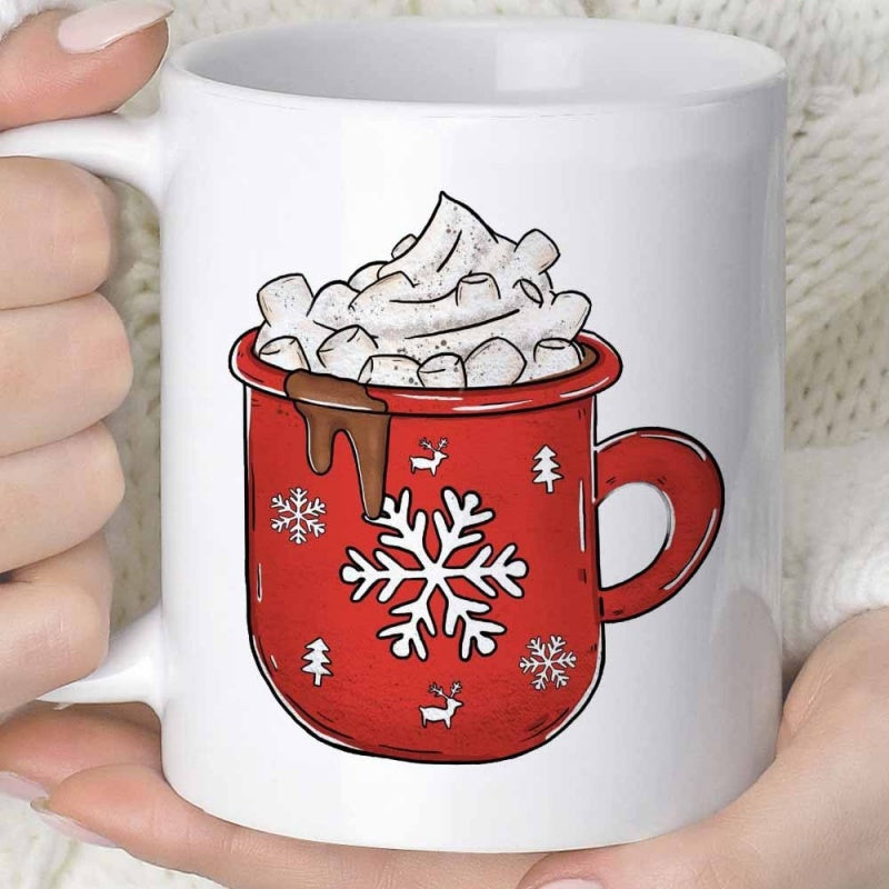Tailorly White Ceramic 11 oz Mug - Festive Red Enamel Style Cup Filled With Creamy Marshmallow Hot Cocoa Mug