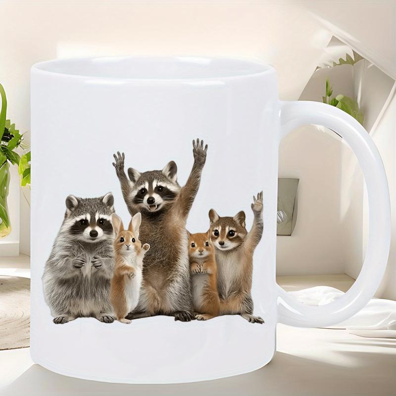 Tailorly White Ceramic 11 oz Mug - Playful Group Of Wild Raccoons And Squirrel Raising Their Paws Raccoon