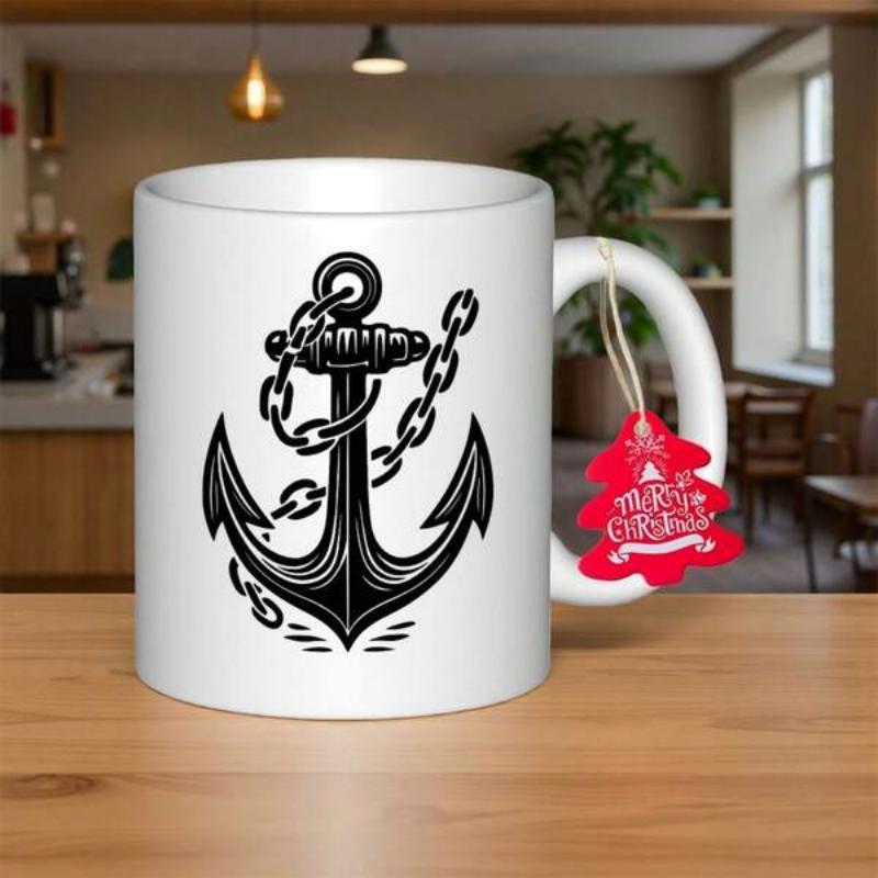 Tailorly White Ceramic 11 oz Mug - Merry Christmas Vintage Nautical Illustration With A Heavy Chain Wrapped Around A Sturdy Metallic Anchor