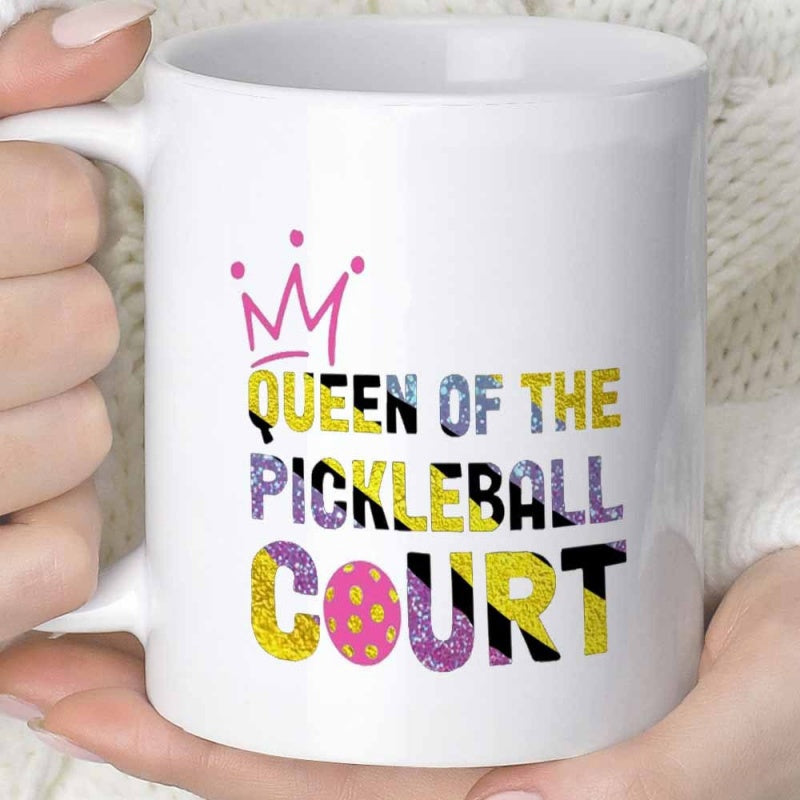 Tailorly White Ceramic 11 oz Mug - Queen Of The Pickleball Court Vibrant Textured Sporty Lettering Featuring Simple Pink Crown Illustration Mug
