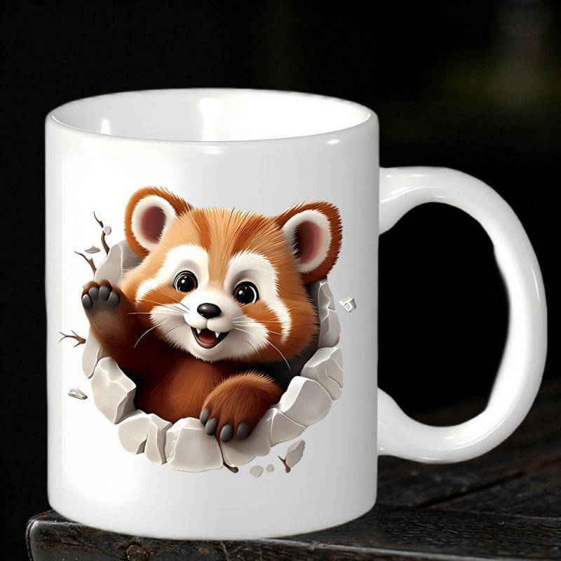 Tailorly White Ceramic 11 oz Mug - Adorable Little Furry Character Peeking Through A Cracked Stone Wall Red Panda