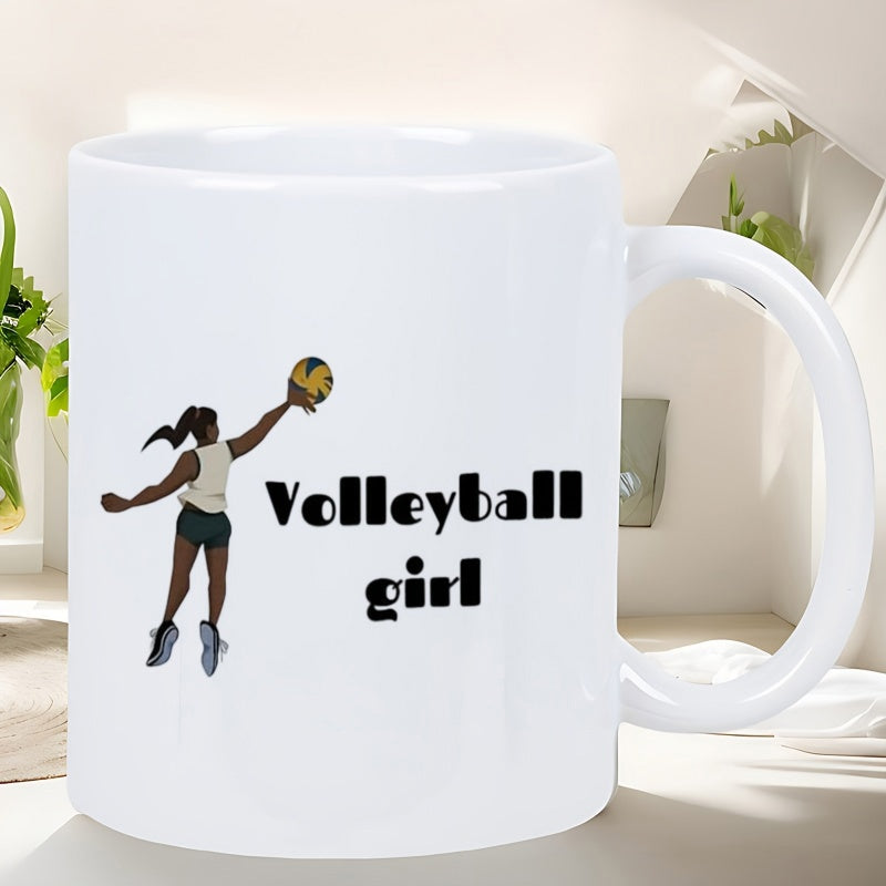 Tailorly White Ceramic 11 oz Mug - Volleyball Girl Athletic Female Player Jumping To Spike A Small Ball Girl