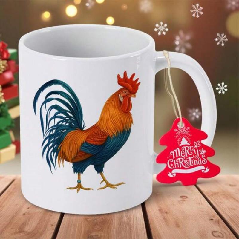 Tailorly White Ceramic 11 oz Mug - Merry Christmas Colorful Vibrant Farm Animal Standing Proudly On White Surface Rooster