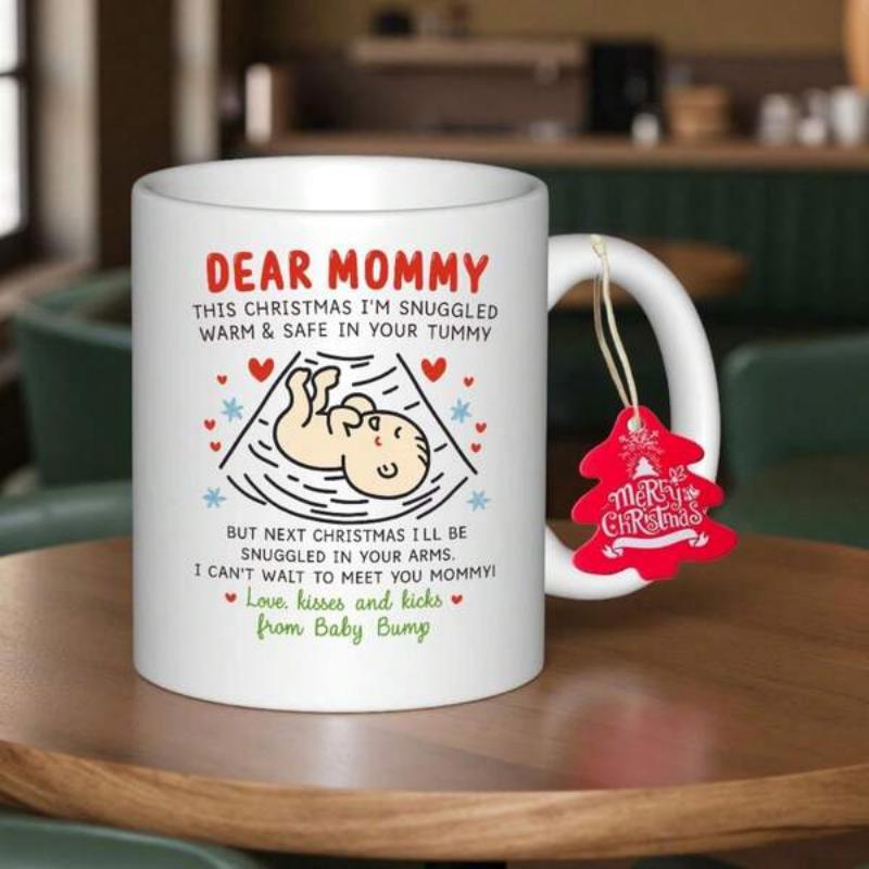 Tailorly White Ceramic 11 oz Mug - Dear Mommy From Baby Bump Cute Ultrasound Illustration With Tiny Hearts And Festive Snowflakes Baby