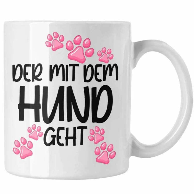 Tailorly White Ceramic 11 oz Mug - Pink Hand Drawn Style Paw Prints Scattered Around Bold Thematic Script Paw