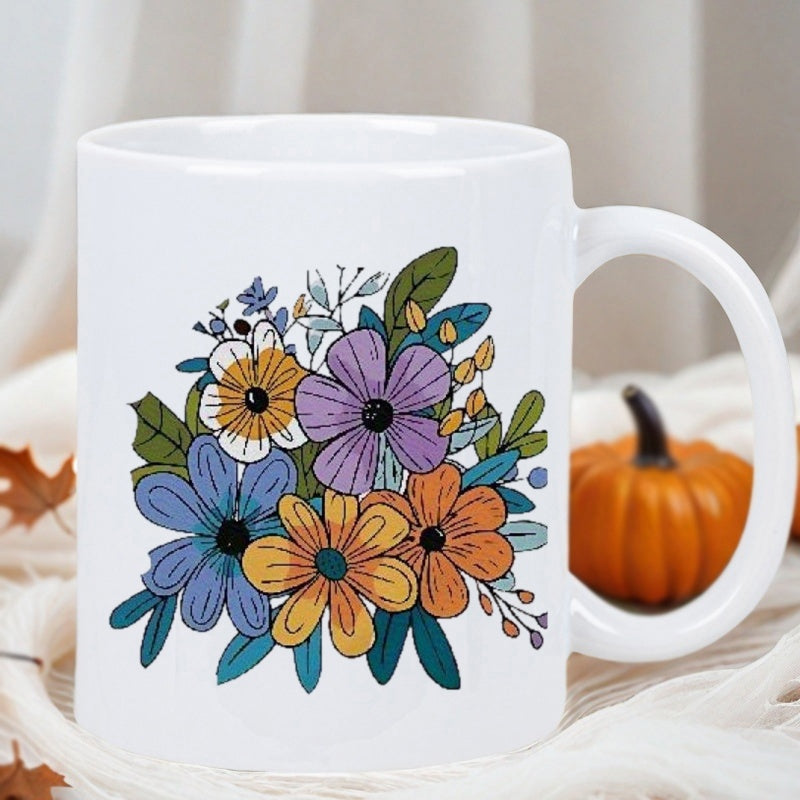 Tailorly White Ceramic 11 oz Mug - Vibrant Colorful Hand Drawn Wildflowers With Green Leaves In A Bunch Flower