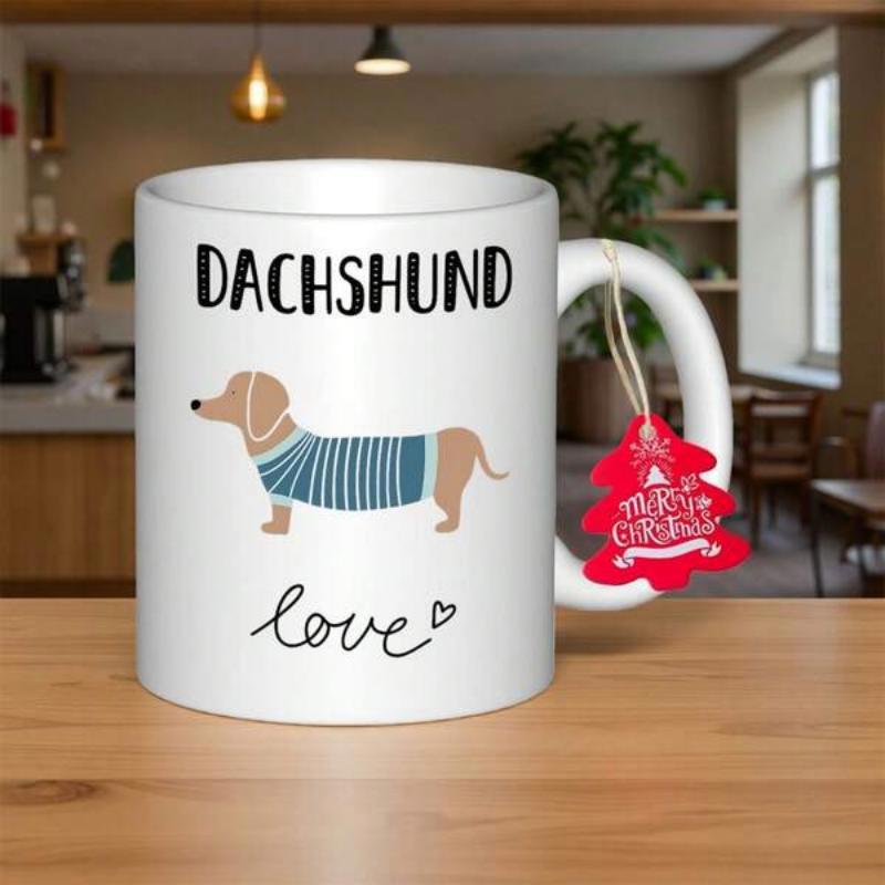 Tailorly White Ceramic 11 oz Mug - Dachshund Love Charming Cartoon Dog Wearing Blue Striped Sweater Standing Proudly Dachshund