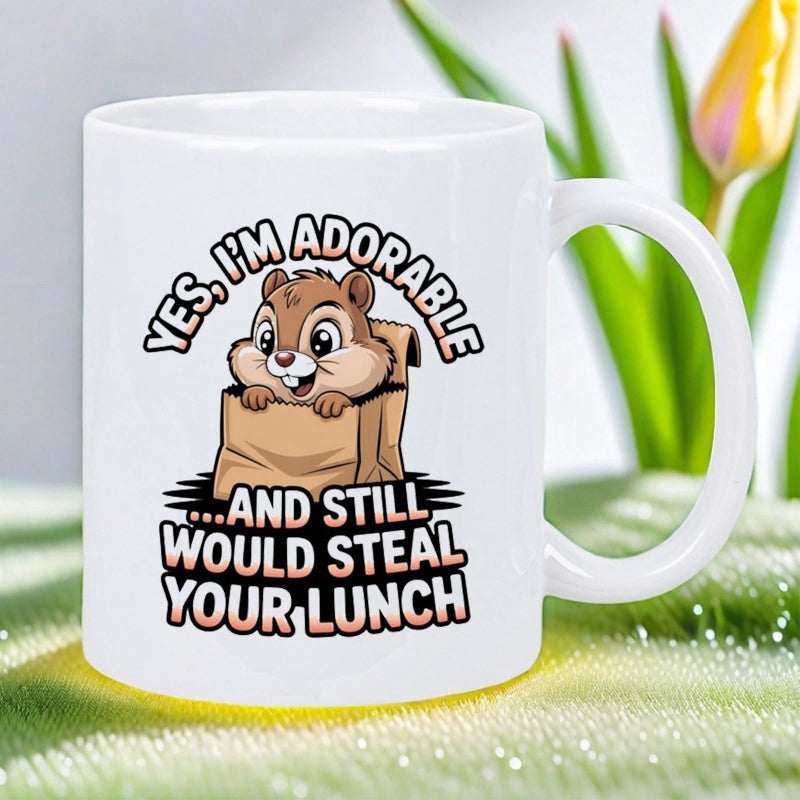 Tailorly White Ceramic 11 oz Mug - Yes I'm Adorable And Still Would Steal Your Lunch Cute Cartoon Animal Popping Out From Small Brown Cardboard Box Chipmunk