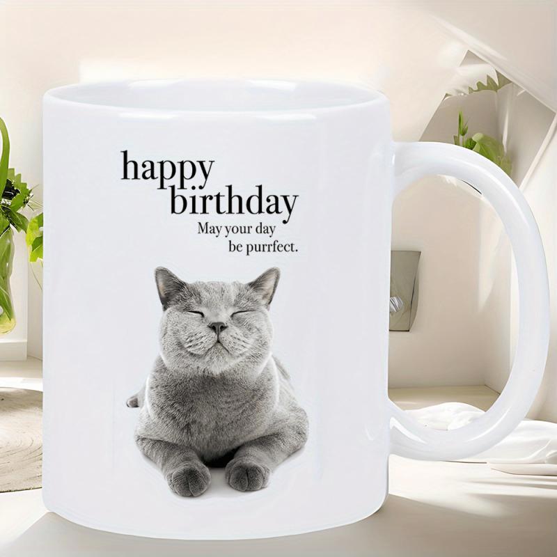 Tailorly White Ceramic 11 oz Mug - Happy Birthday May Your Day Be Purrfect Adorable Fluffy Gray British Shorthair Resting Calmly With Eyes Closed Cat