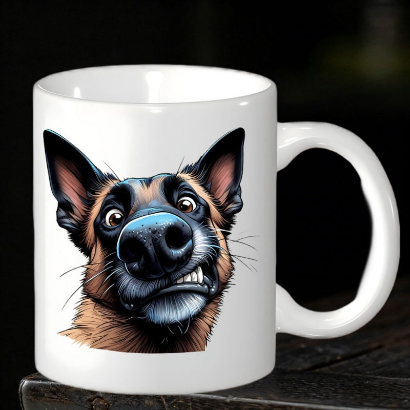 Tailorly White Ceramic 11 oz Mug - Funny Wide Eyed German Shepherd With Large Nose Showing Teeth Artistic Dog