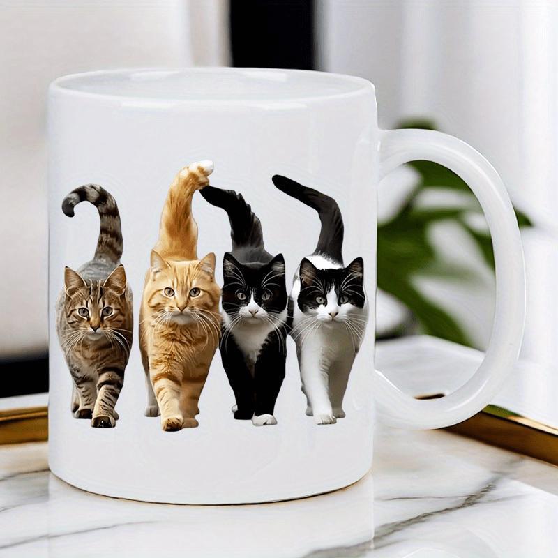 Tailorly White Ceramic 11 oz Mug - Four Different Domestic Breeds Walking Forward Side By Side Together Cat