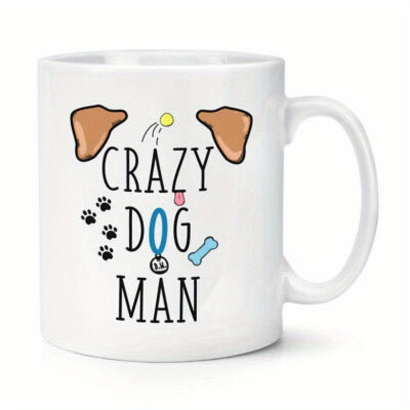Tailorly White Ceramic 11 oz Mug - Crazy Dog Man Whimsical Design With Puppy Ears Bone And Paw Prints Dog