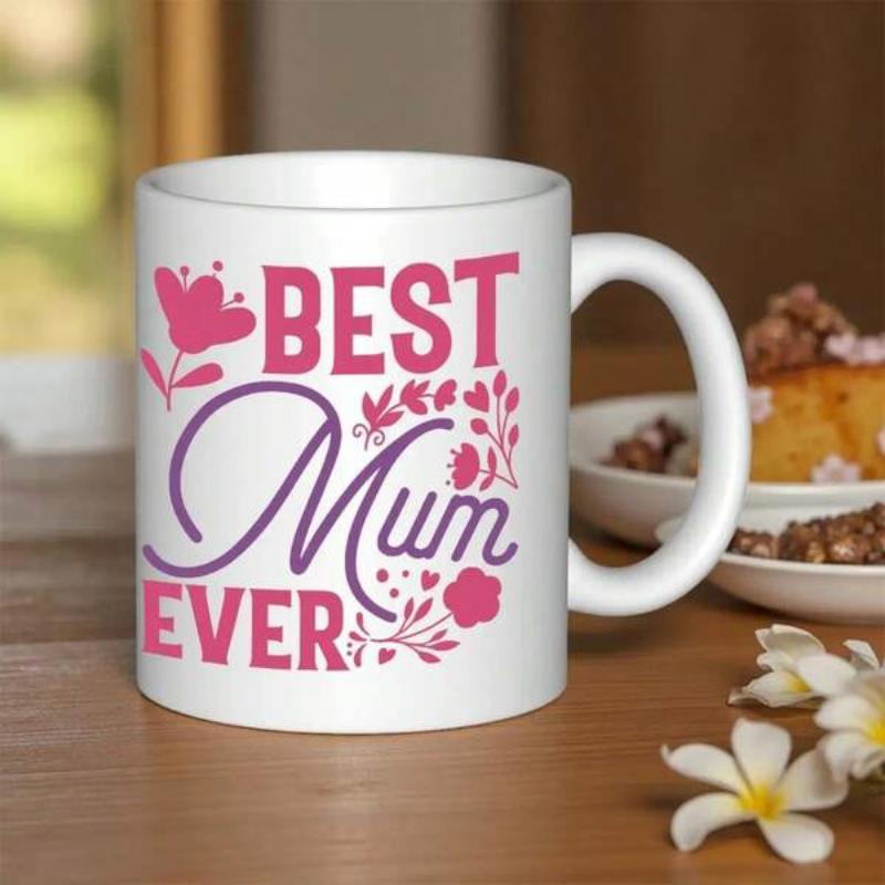 Tailorly White Ceramic 11 oz Mug - Best Mum Ever Pink Floral Patterns And Delicate Leaves Dancing Around Elegant Script Mug