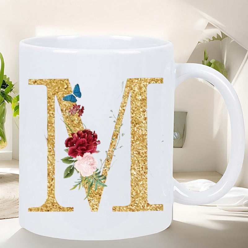 Tailorly White Ceramic 11 oz Mug - M Glittering Golden Surface With Red Roses And A Blue Butterfly Letter