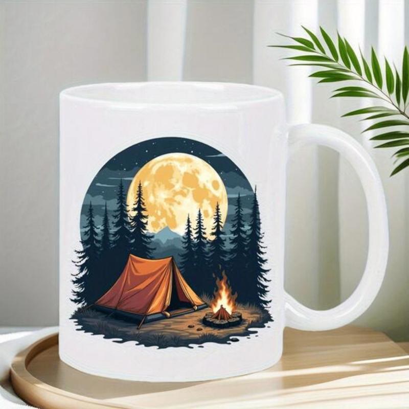 Tailorly White Ceramic 11 oz Mug - Peaceful Night Camping Scene Under Glowing Full Moon Among Pine Trees Campsite