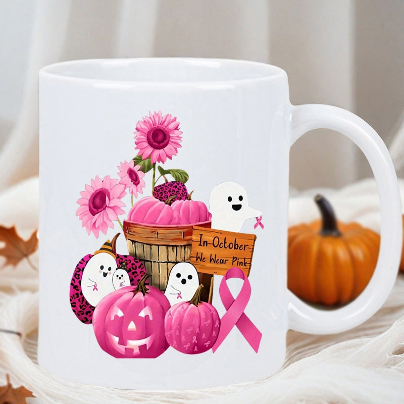 Tailorly White Ceramic 11 oz Mug - In October We Wear Pink Vibrant Sunflowers Pink Pumpkins And Cute Ghosts With Awareness Ribbon Mug