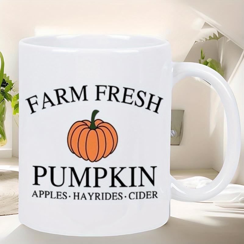 Tailorly White Ceramic 11 oz Mug - Farm Fresh Pumpkin Apples Hayrides Cider Seasonal Harvest Vibrant Orange Ripe Organic Autumn Vegetable With Green Stem Pumpkin
