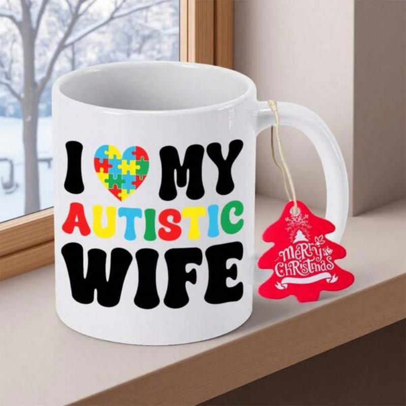 Tailorly White Ceramic 11 oz Mug - I My Autistic Wife Colorful Multi Color Puzzle Pattern Filling A Large Heart Shape Mug