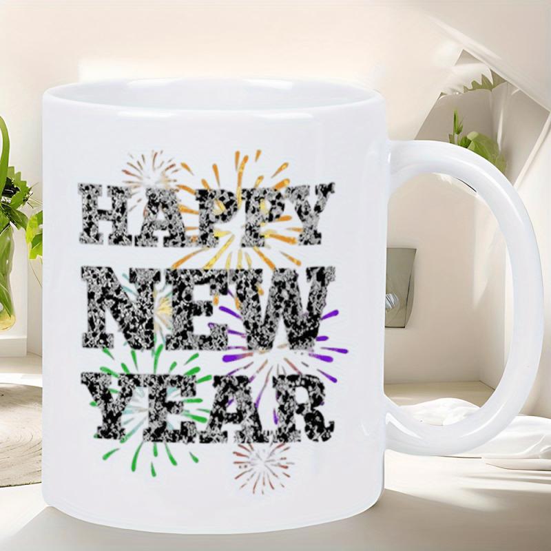 Tailorly White Ceramic 11 oz Mug - Happy New Year Festive Colorful Starburst Explosions Layered Behind Bold Patterned Letters Firework