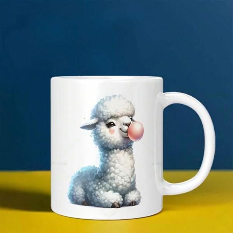 Tailorly White Ceramic 11 oz Mug - Adorable Fluffy White Alpaca Blowing A Pink Bubble Gum Sitting Peacefully Alpaca