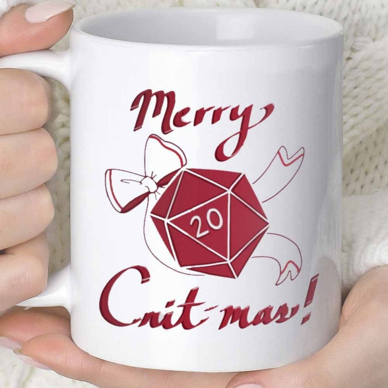Tailorly White Ceramic 11 oz Mug - Merry Critmas Red Polyhedral Twenty Sided D20 With Elegant Ribbon Bow Die