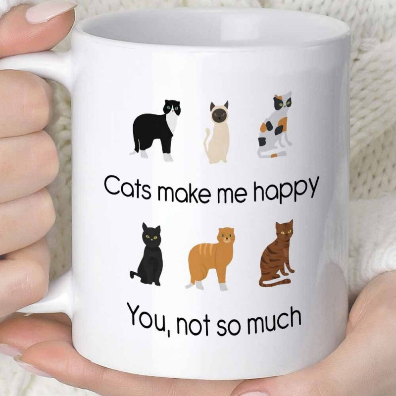 Tailorly White Ceramic 11 oz Mug - Cats Make Me Happy You Not So Much Adorable Various Breeds Of Domestic Felines Sitting In Rows Cats
