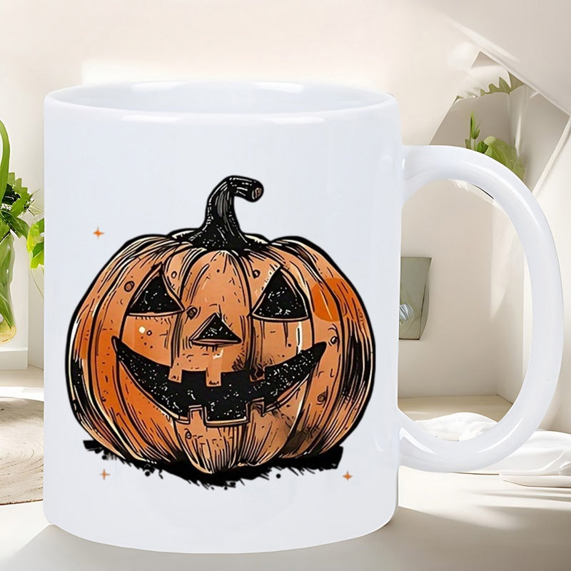 Tailorly White Ceramic 11 oz Mug - Spooky Hand Carved Halloween Jack O Lantern With Artistic Orange Textures Pumpkin