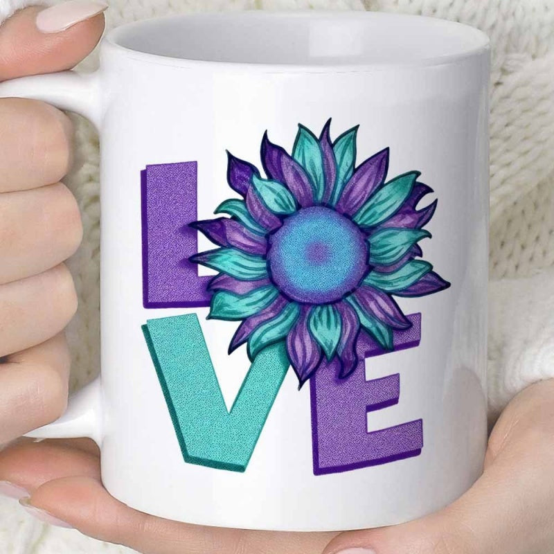 Tailorly White Ceramic 11 oz Mug - Love Vibrant Purple And Turquoise Artistic Petals Blooming Over Bold Decorative Letters Sunflower