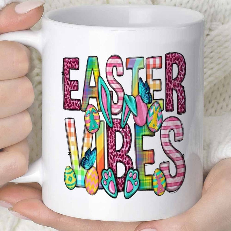 Tailorly White Ceramic 11 oz Mug - Easter Vibes Colorful Pattern Featuring Leopard Print Stripes And Plaid Eggs With Rabbit Ears Bunny