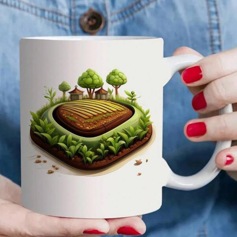 Tailorly White Ceramic 11 oz Mug - Lush Green Miniature Landscape With Tiny Trees And Golden Crop Fields Farm
