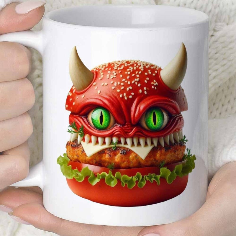 Tailorly White Ceramic 11 oz Mug - Vibrant Red Monster Design With Sharp Fangs And Glowing Eyes Burger