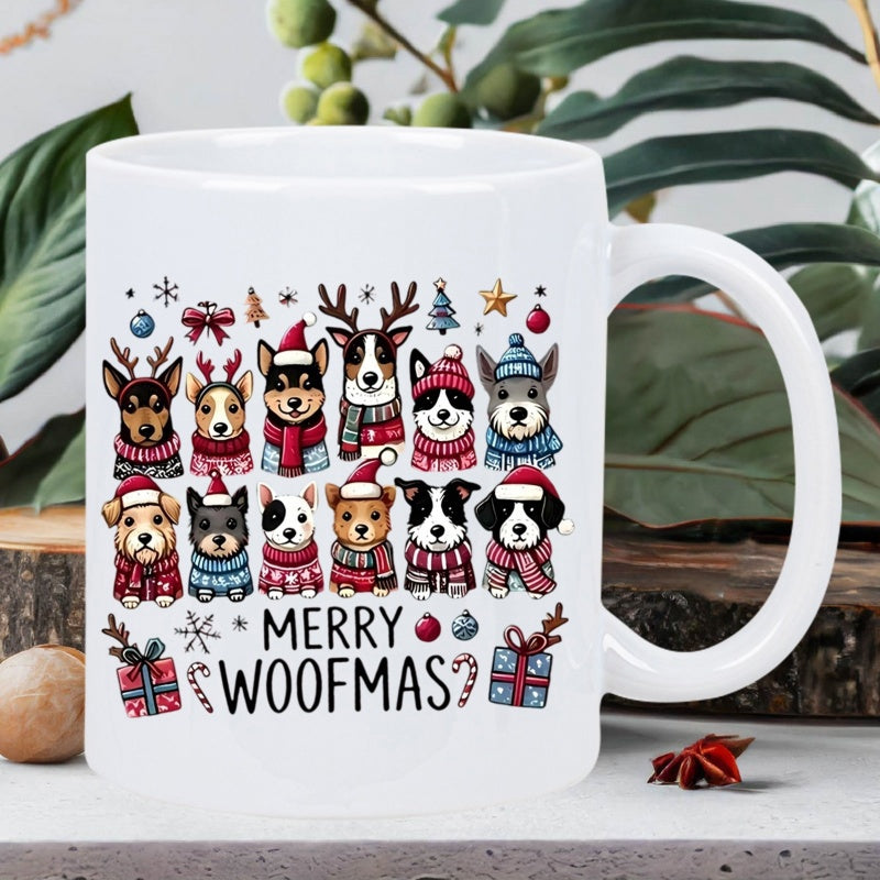 Tailorly White Ceramic 11 oz Mug - Merry Woofmas Adorable Group Of Festive Dogs Wearing Cute Winter Hats And Scarves Dog