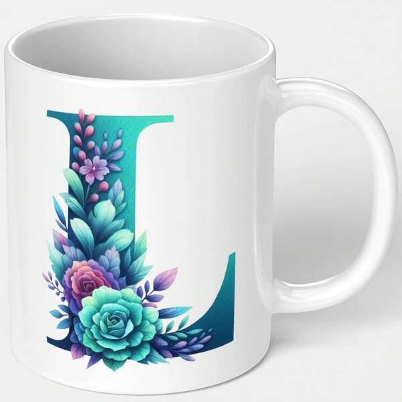 Tailorly White Ceramic 11 oz Mug - L Beautifully Decorated Teal Floral Monogram With Vibrant Succulent And Rose Blossoms Letter