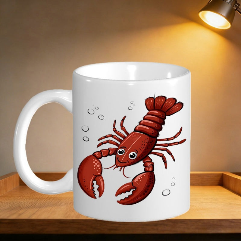 Tailorly White Ceramic 11 oz Mug - Friendly Cartoon Red Sea Creature Surrounded By Small Bubbles Lobster