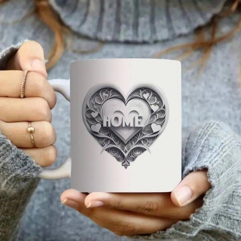 Tailorly White Ceramic 11 oz Mug - Home Ornate Filigree Design Featuring Elegant Swirls And Small Nested Hearts Heart