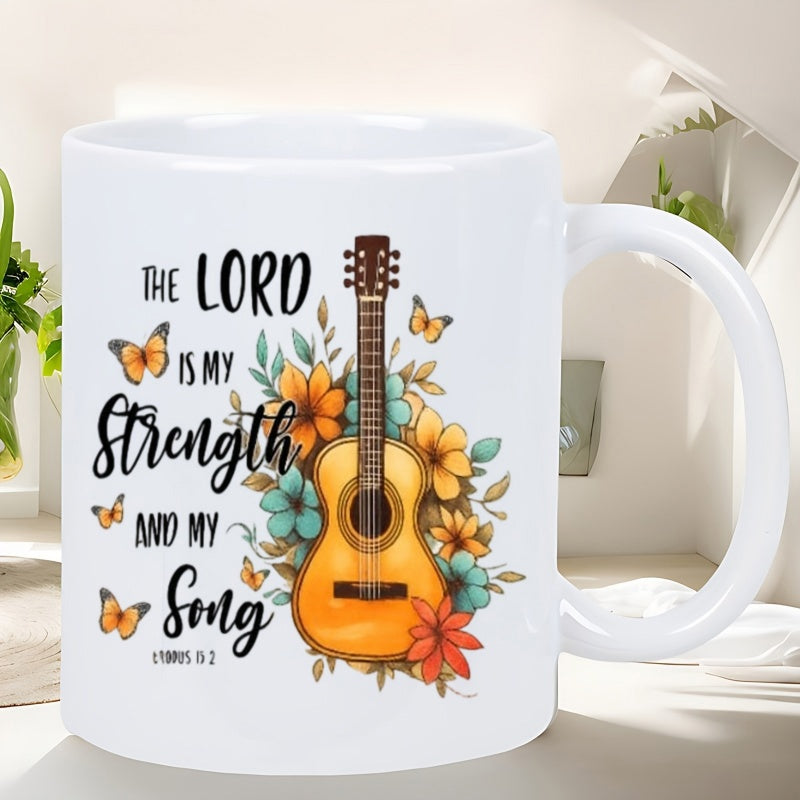 Tailorly White Ceramic 11 oz Mug - The Lord Is My Strength And My Song Acoustic Wood Instrument Surrounded By Colorful Blooming Flowers And Delicate Flying